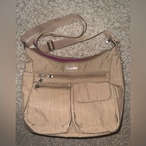 Baggallini Tan Crossbody Bag with Purple Accents